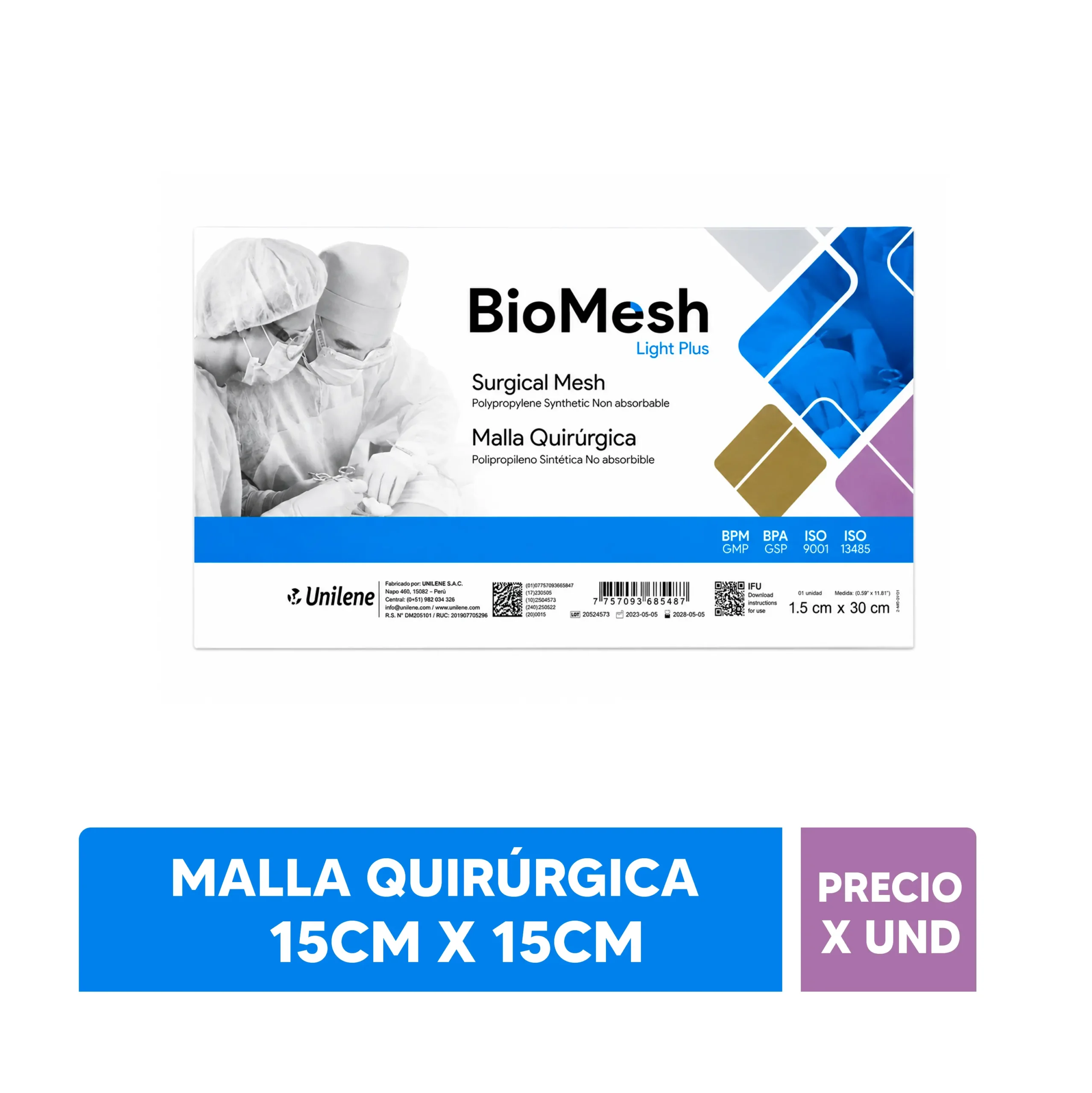 MALLA QUIRURGICA BIOMESH LIGHT PLUS- 15CM X 15CM – UNILENE – PRECIO X UNIDAD